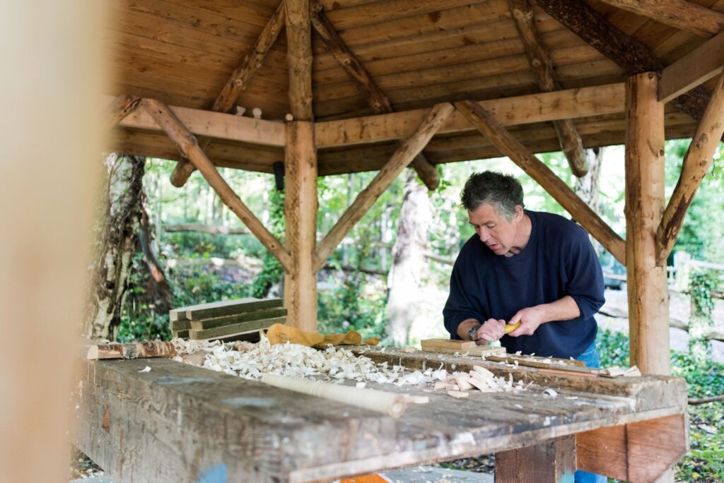 The craft area in Ecclesall Woods is nestled amongst the trees and home to our outdoor craft courses